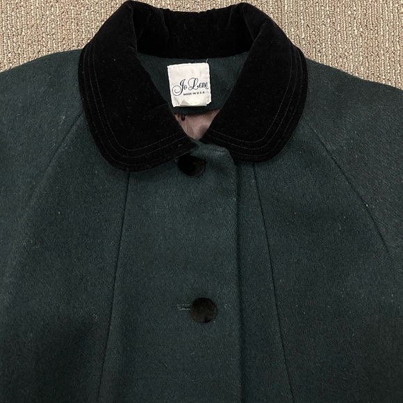 Vintage Jo Lene Dark Green Wool Blend Overcoat Size 14 Velvet Collar Bow Accent - Picture 3 of 9